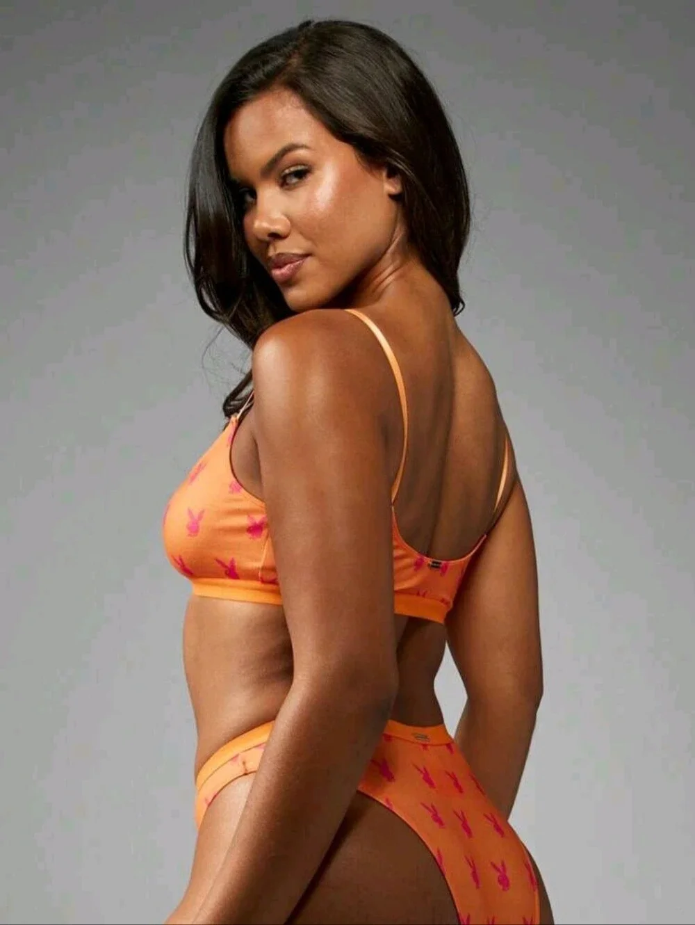 PLAYBOY x Missguided Bunny Print Orange Bralette and Panty Set Allover Print, S